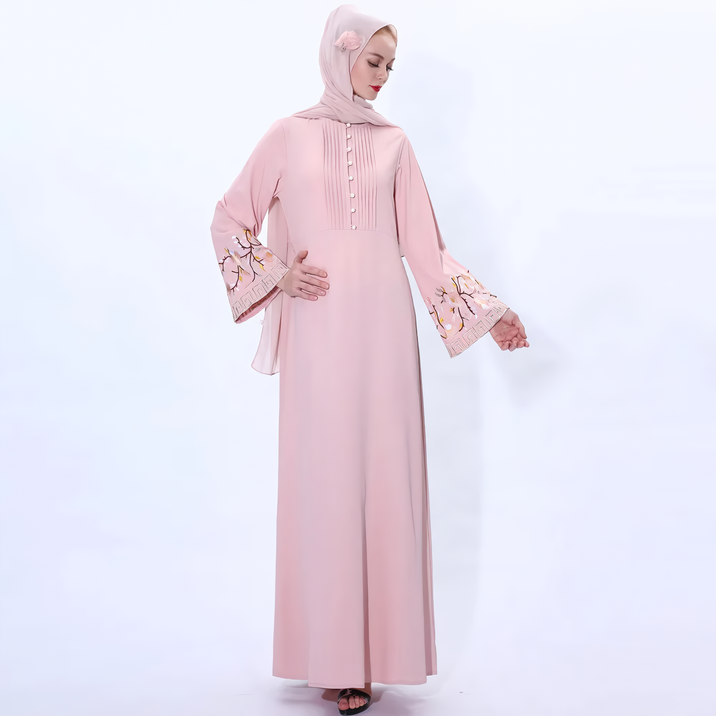 Alesyari Shop I Muslim Abaya Dress with Embroidered Flowers: Ramadan Kaftan, Islamic Turkish Kaftan, Muslim Abaya Kaftan