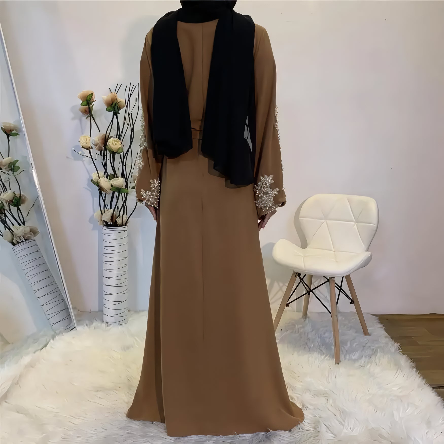 Alesyari Shop I Thick Beaded Diamond Muslim Abaya for Women, Full-Length Embroidered Flower Worship Abaya