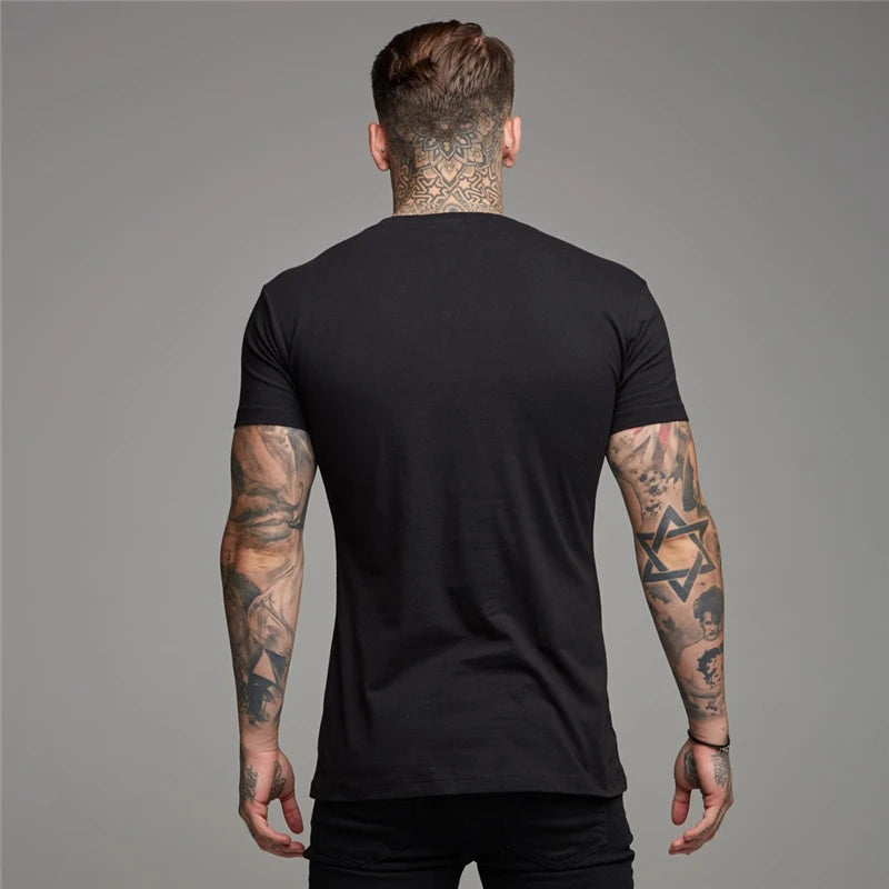 Gym T-shirt Men Fashion V Neck Short Sleeve Cotton Tshirt Slim Fit Sports Tee Shirt Bodybuilding Fitness Workout Summer Clothing