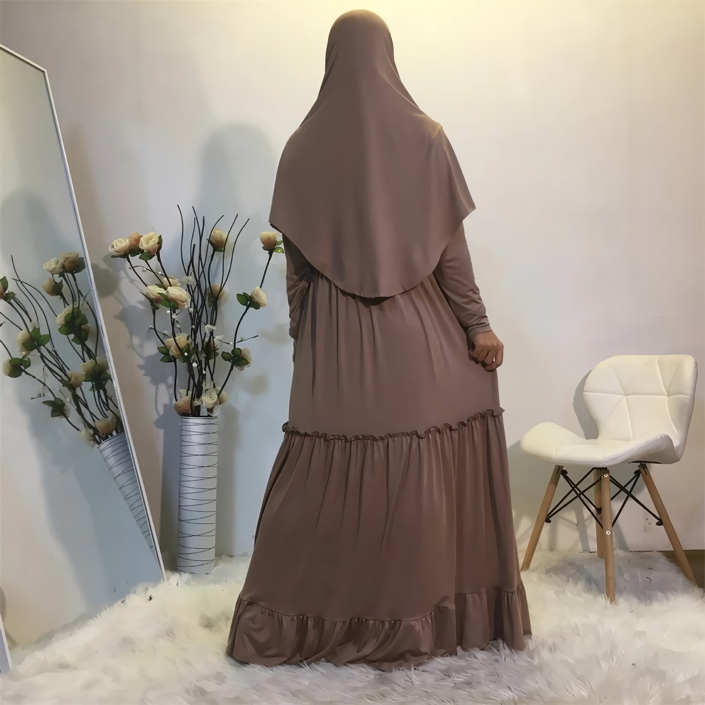 Alesyari Shop I Fall Maxi Dress with Long Khimar, Turkish-Malaysian style, in solid milk silk