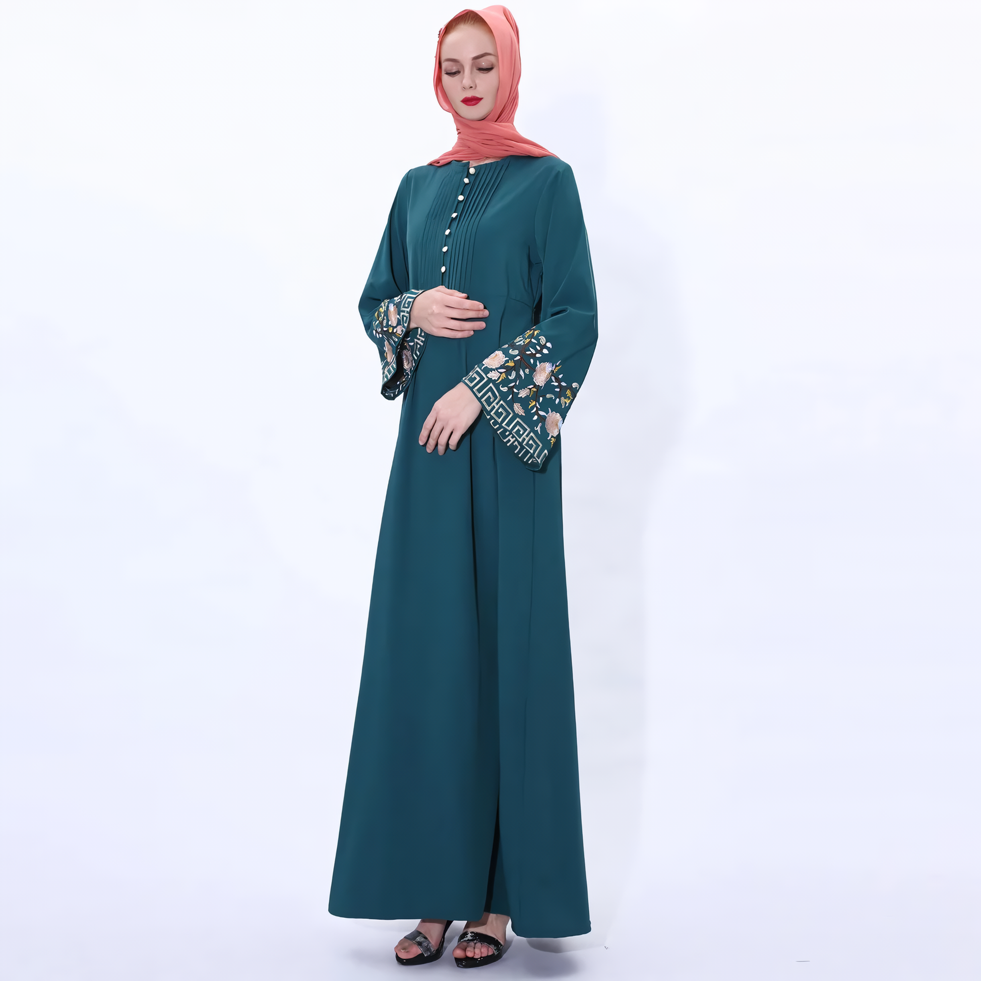 Alesyari Shop I Muslim Abaya Dress with Embroidered Flowers: Ramadan Kaftan, Islamic Turkish Kaftan, Muslim Abaya Kaftan