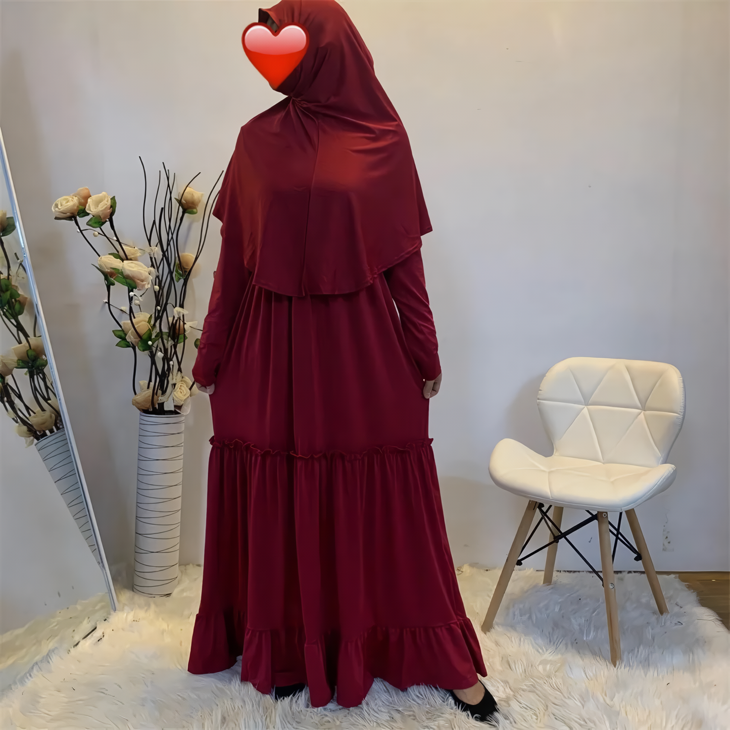 Fall Maxi Dress with Long Khimar, Turkish-Malaysian style, in solid milk silk