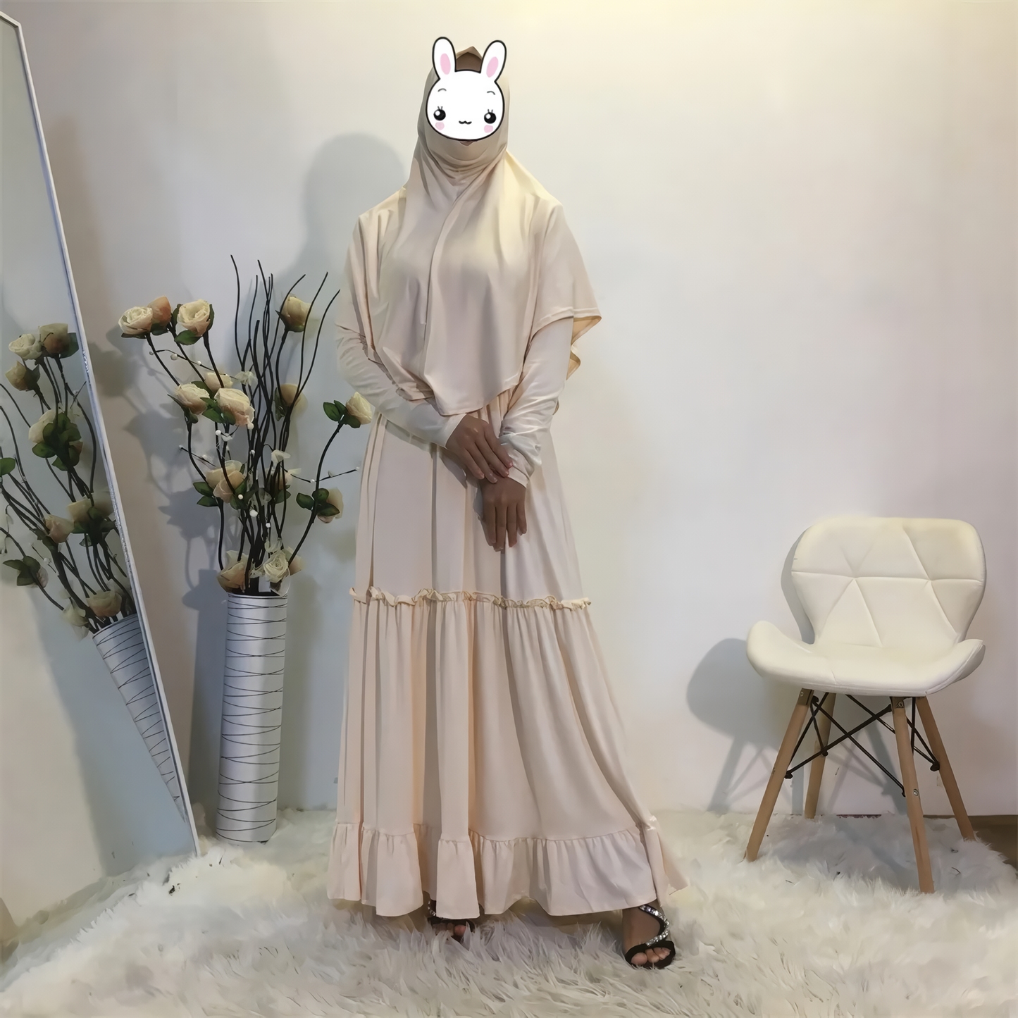 Alesyari Shop I Fall Maxi Dress with Long Khimar, Turkish-Malaysian style, in solid milk silk