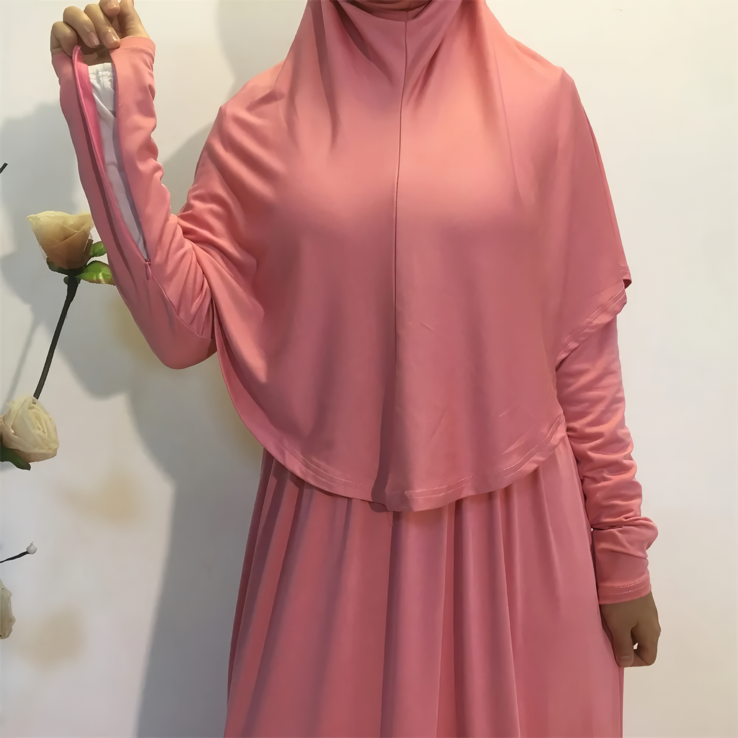 Alesyari Shop I Fall Maxi Dress with Long Khimar, Turkish-Malaysian style, in solid milk silk