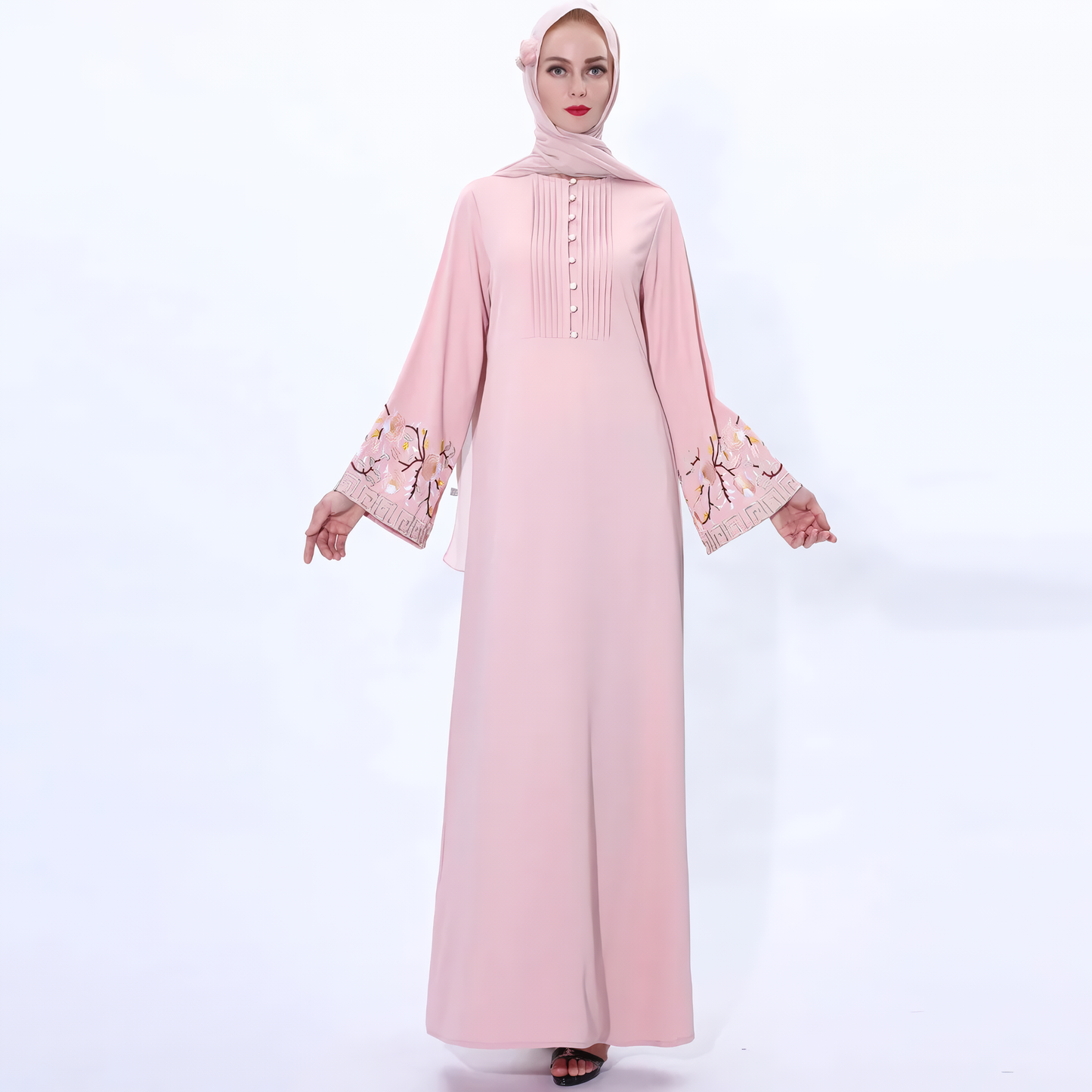 Alesyari Shop I Muslim Abaya Dress with Embroidered Flowers: Ramadan Kaftan, Islamic Turkish Kaftan, Muslim Abaya Kaftan