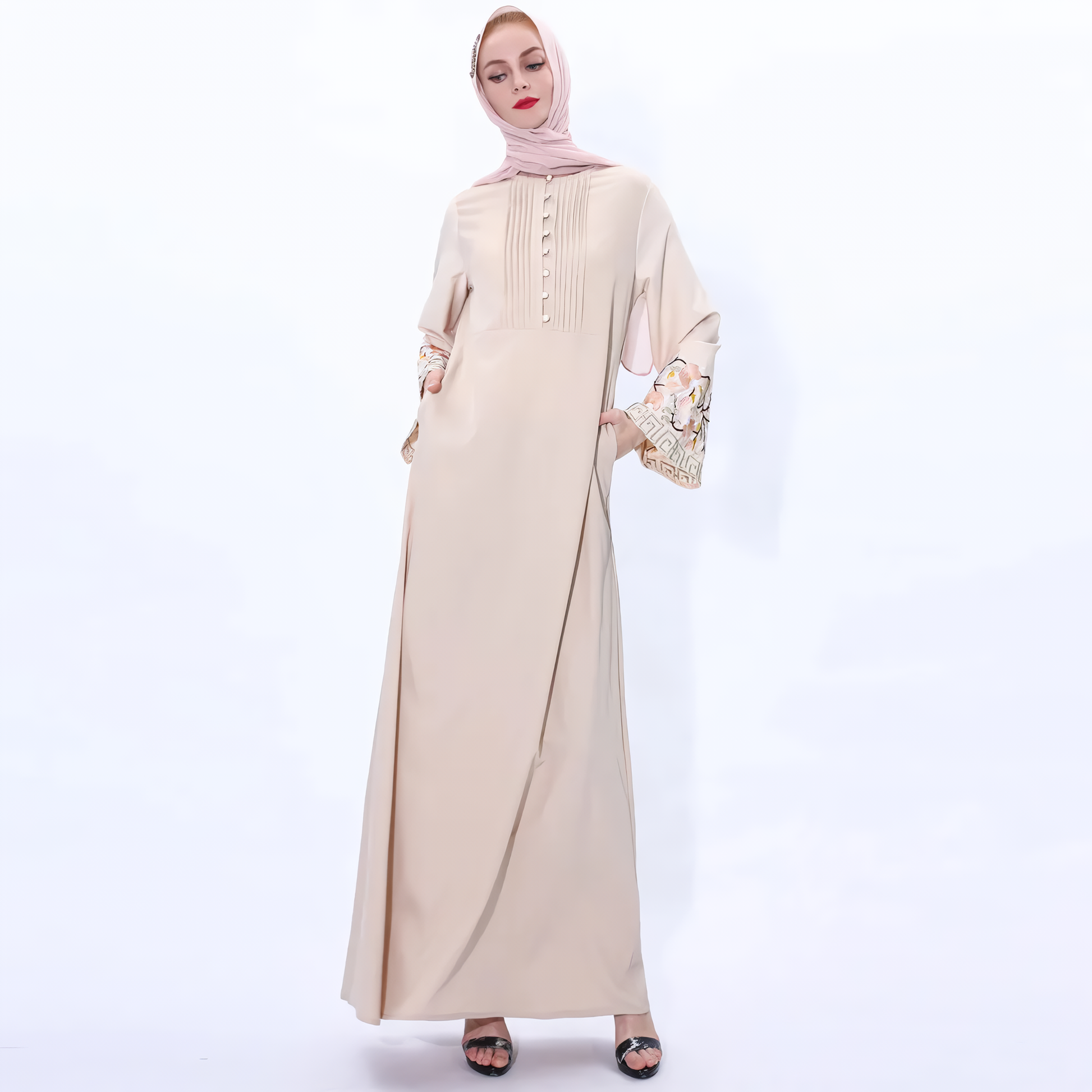 Alesyari Shop I Muslim Abaya Dress with Embroidered Flowers: Ramadan Kaftan, Islamic Turkish Kaftan, Muslim Abaya Kaftan