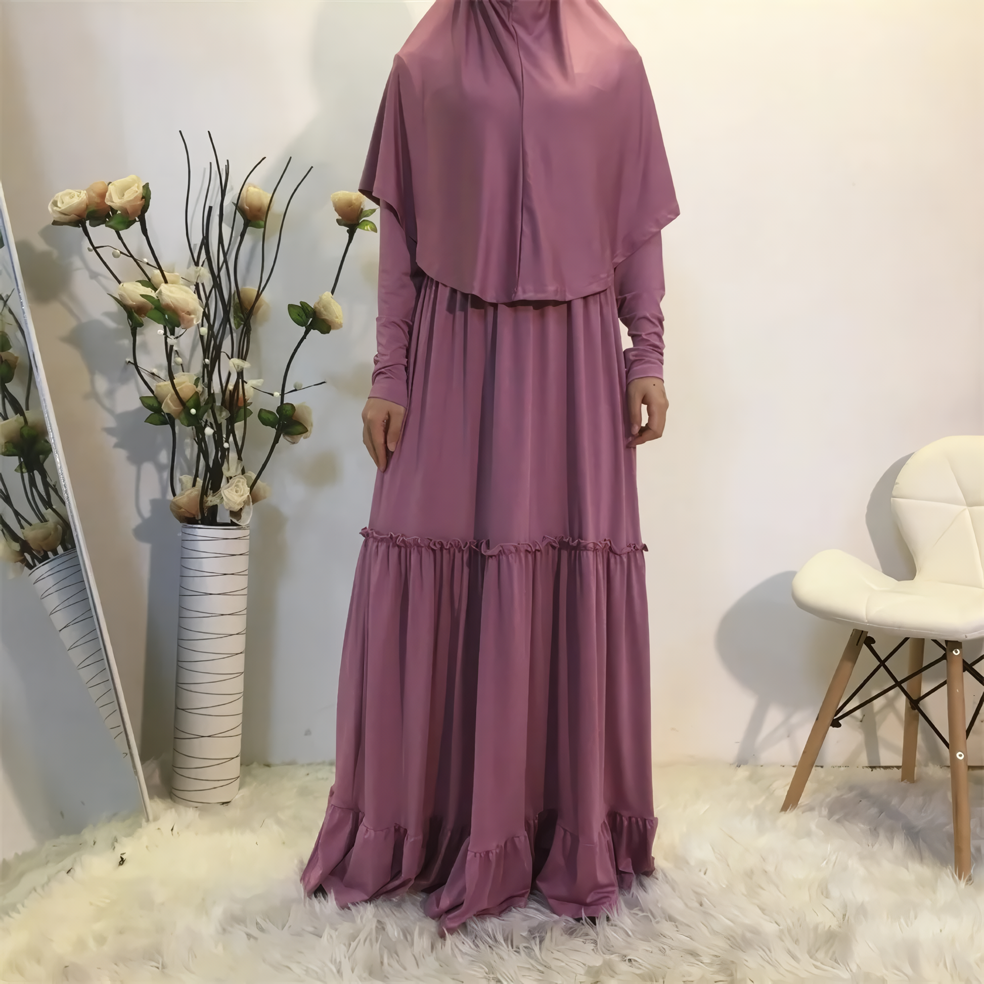 Alesyari Shop I Fall Maxi Dress with Long Khimar, Turkish-Malaysian style, in solid milk silk