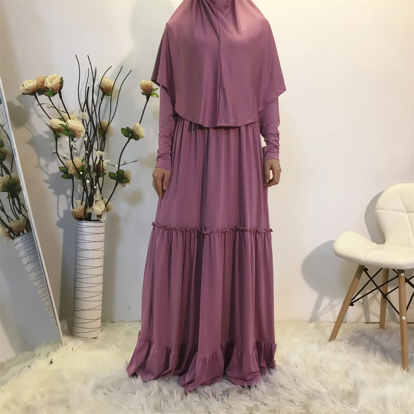 Fall Maxi Dress with Long Khimar, Turkish-Malaysian style, in solid milk silk