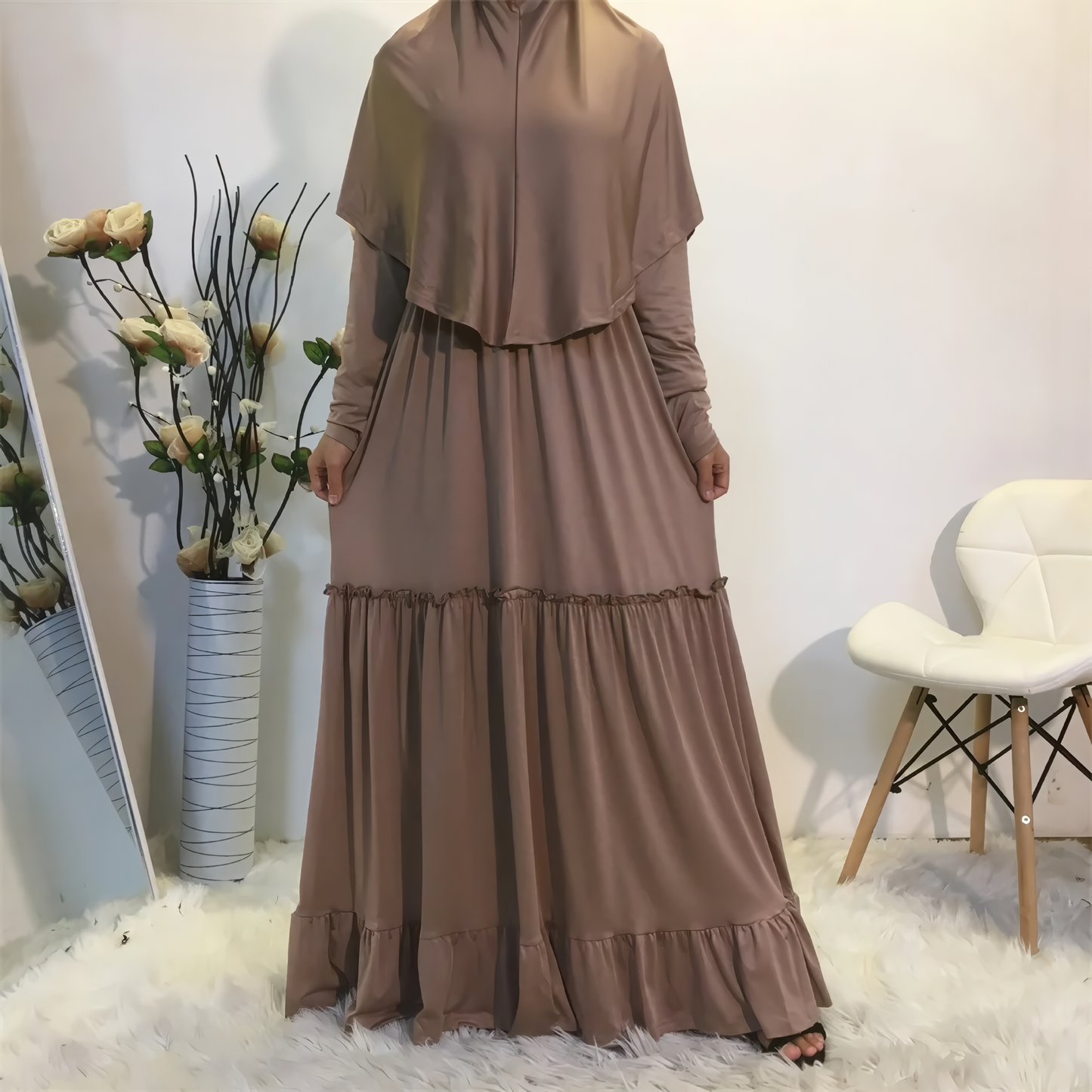 Alesyari Shop I Fall Maxi Dress with Long Khimar, Turkish-Malaysian style, in solid milk silk