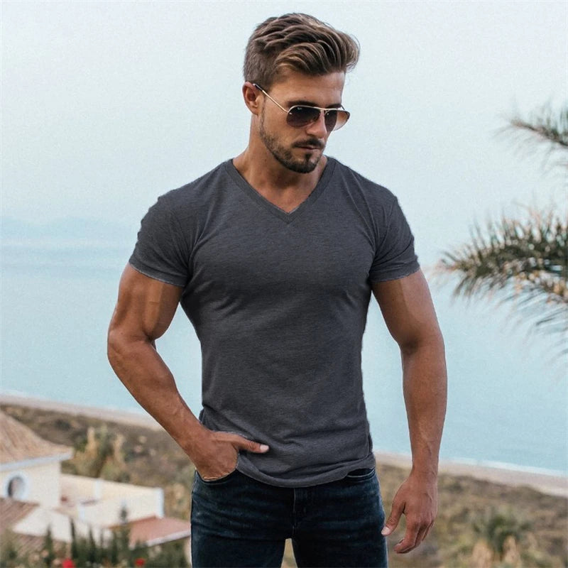 Gym T-shirt Men Fashion V Neck Short Sleeve Cotton Tshirt Slim Fit Sports Tee Shirt Bodybuilding Fitness Workout Summer Clothing