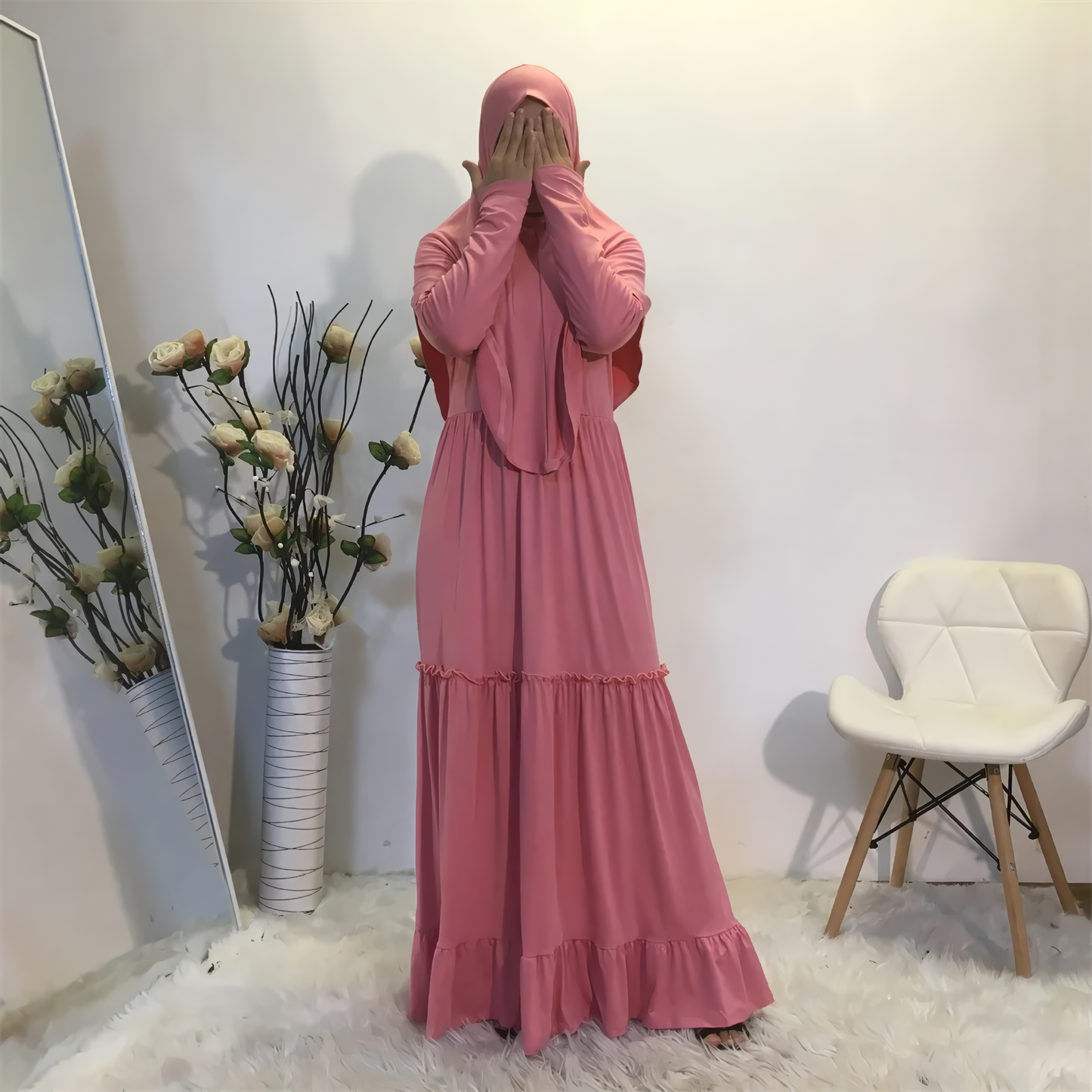 Alesyari Shop I Fall Maxi Dress with Long Khimar, Turkish-Malaysian style, in solid milk silk