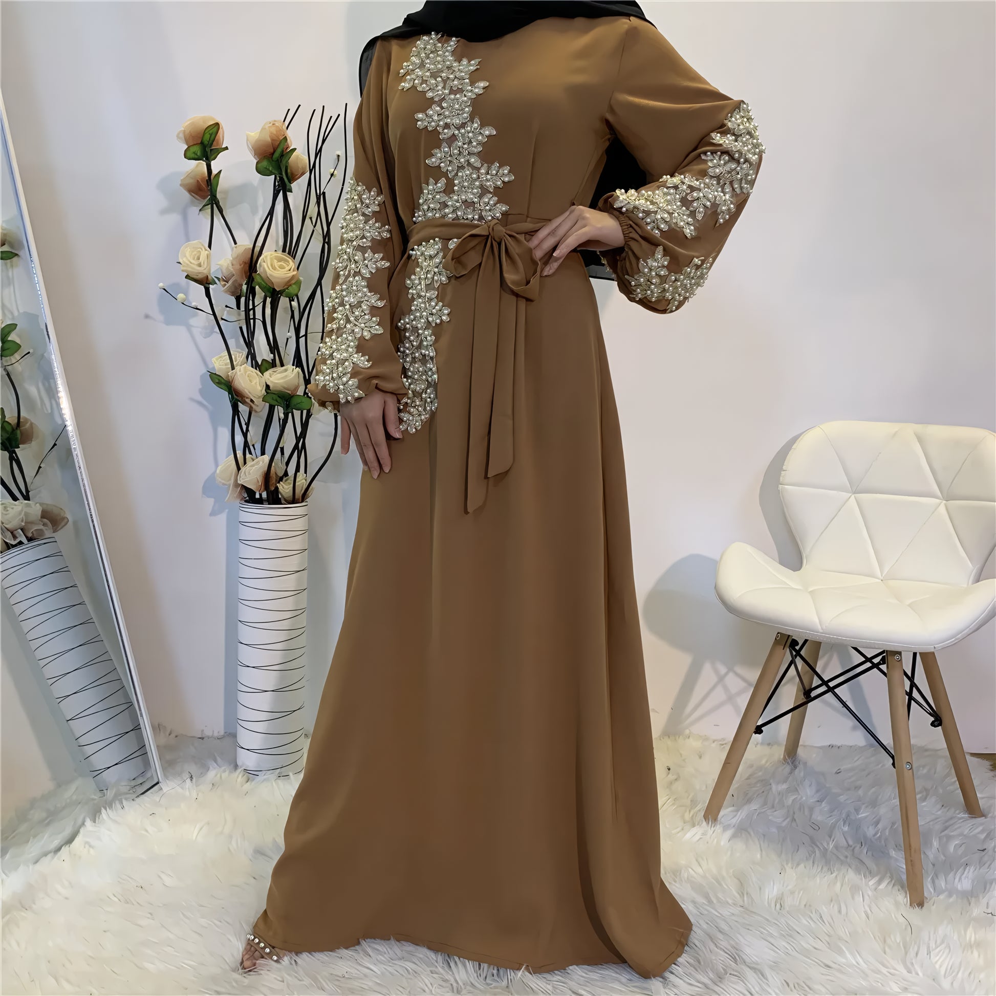 Alesyari Shop I Thick Beaded Diamond Muslim Abaya for Women, Full-Length Embroidered Flower Worship Abaya