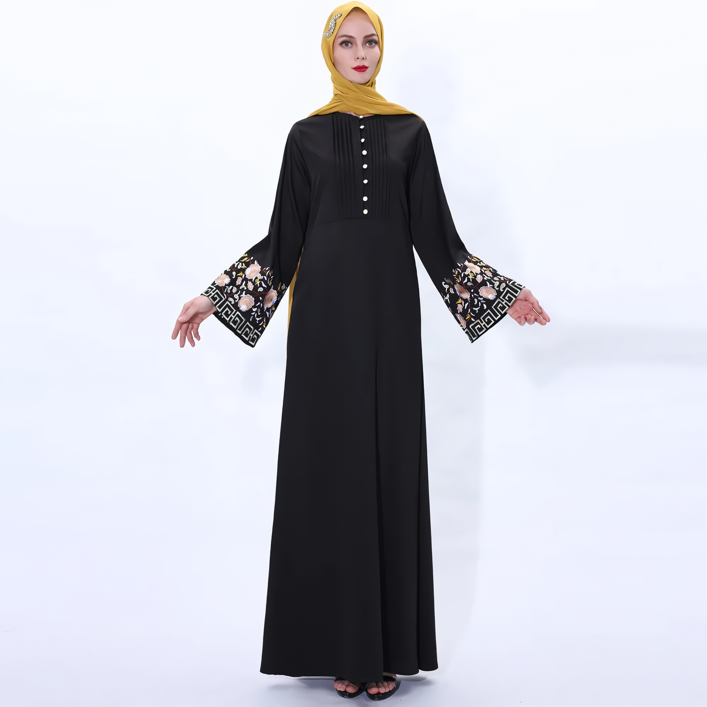 Alesyari Shop I Muslim Abaya Dress with Embroidered Flowers: Ramadan Kaftan, Islamic Turkish Kaftan, Muslim Abaya Kaftan