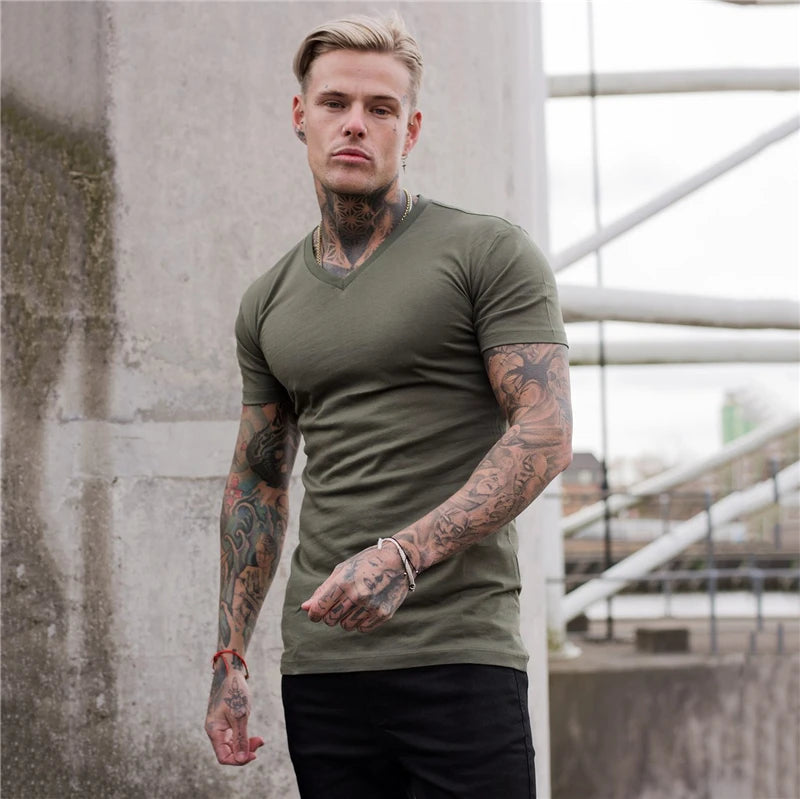 Gym T-shirt Men Fashion V Neck Short Sleeve Cotton Tshirt Slim Fit Sports Tee Shirt Bodybuilding Fitness Workout Summer Clothing