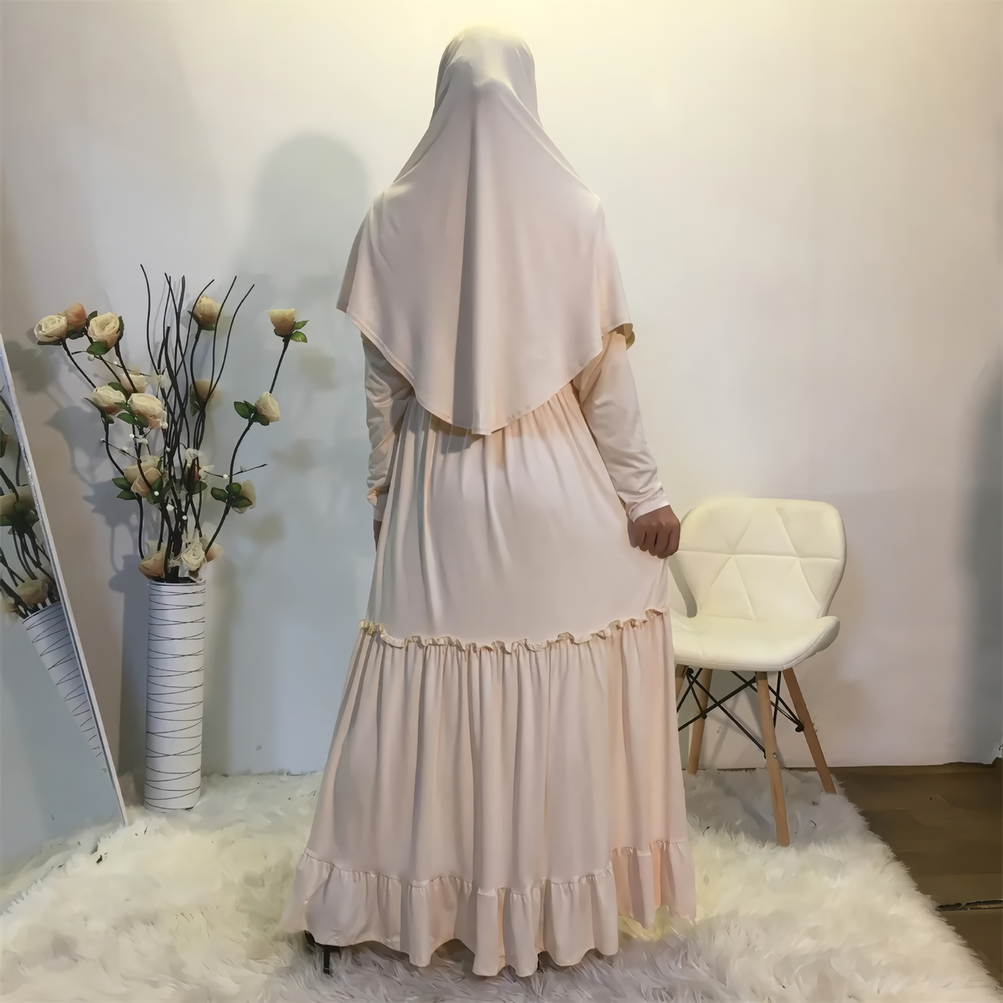 Alesyari Shop I Fall Maxi Dress with Long Khimar, Turkish-Malaysian style, in solid milk silk