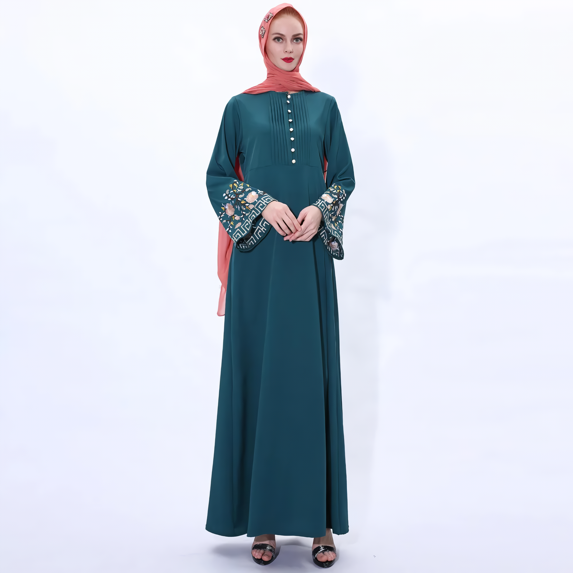 Alesyari Shop I Muslim Abaya Dress with Embroidered Flowers: Ramadan Kaftan, Islamic Turkish Kaftan, Muslim Abaya Kaftan