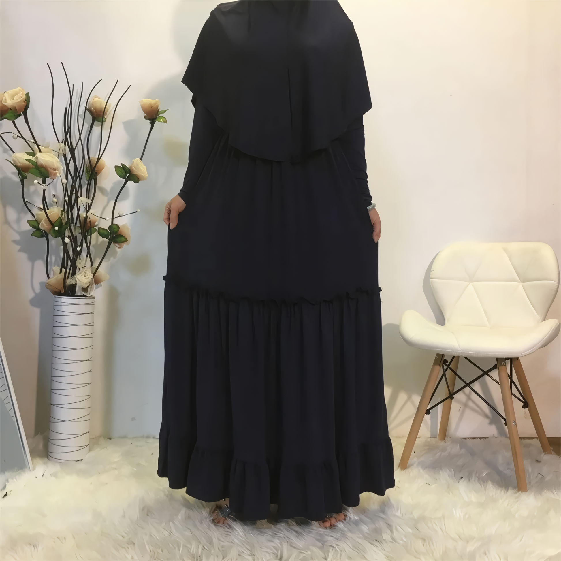 Alesyari Shop I Fall Maxi Dress with Long Khimar, Turkish-Malaysian style, in solid milk silk