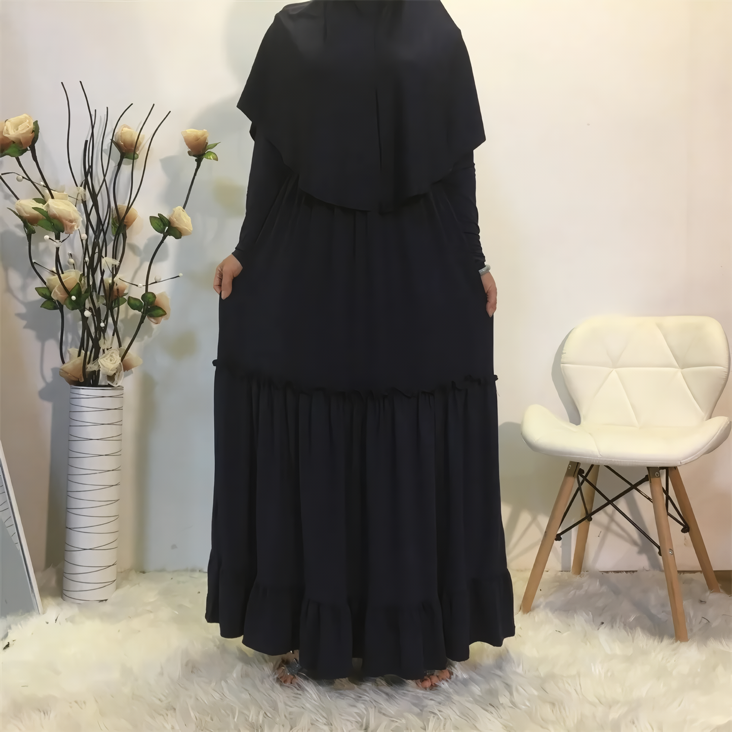 Fall Maxi Dress with Long Khimar, Turkish-Malaysian style, in solid milk silk