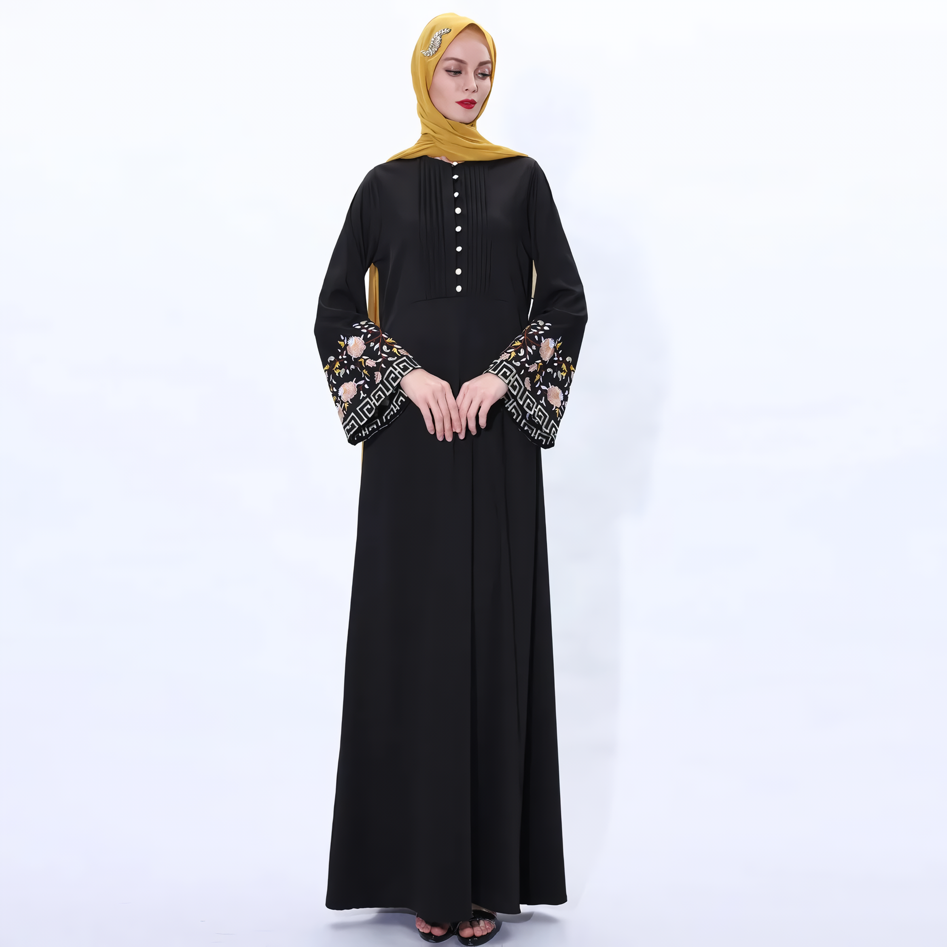 Alesyari Shop I Muslim Abaya Dress with Embroidered Flowers: Ramadan Kaftan, Islamic Turkish Kaftan, Muslim Abaya Kaftan