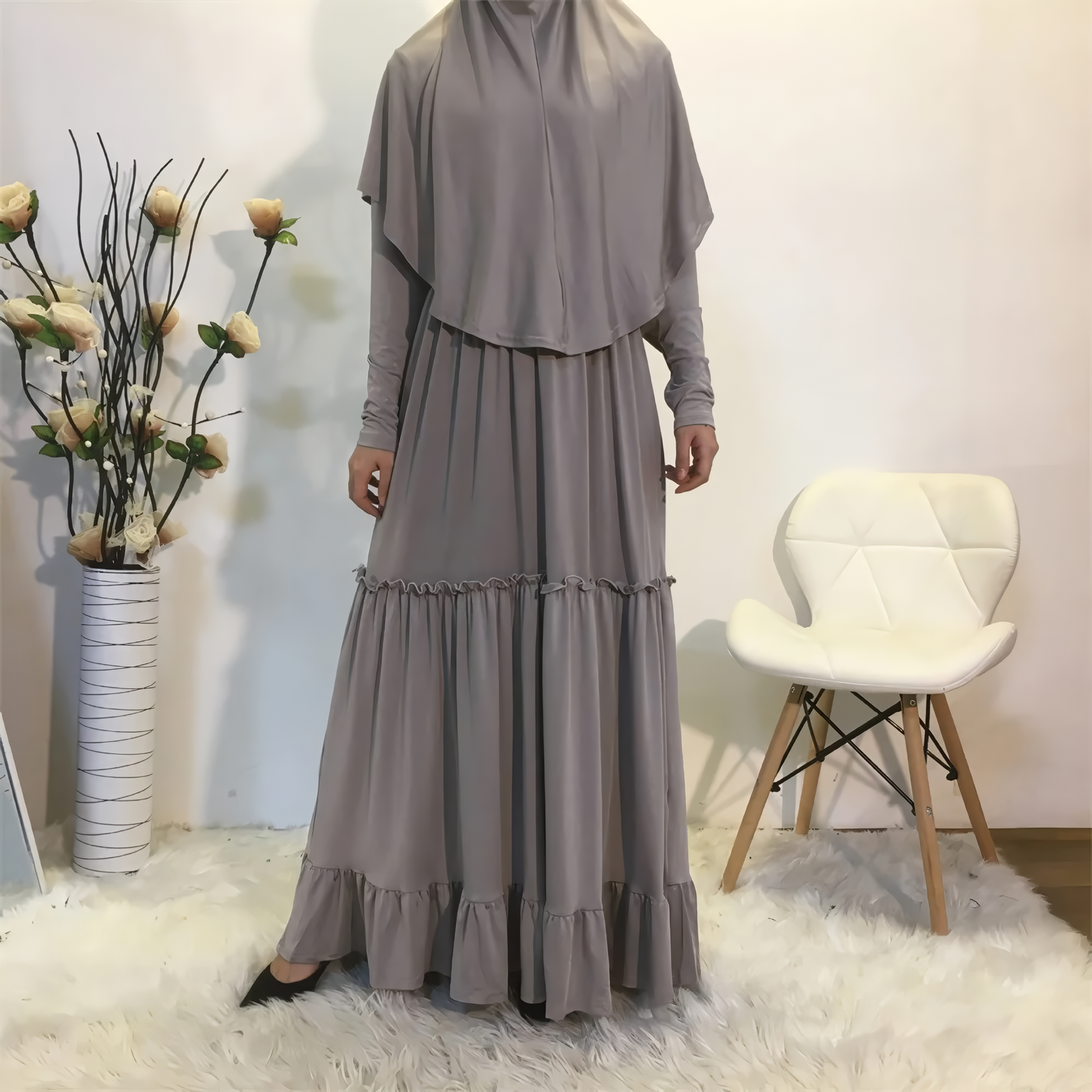 Alesyari Shop I Fall Maxi Dress with Long Khimar, Turkish-Malaysian style, in solid milk silk