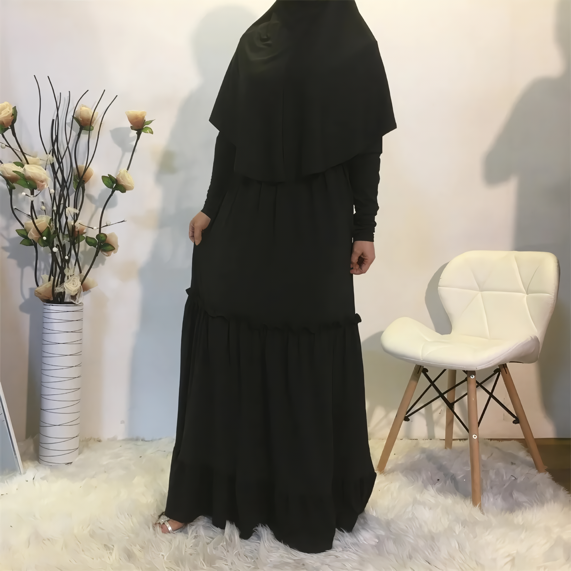 Alesyari Shop I Fall Maxi Dress with Long Khimar, Turkish-Malaysian style, in solid milk silk