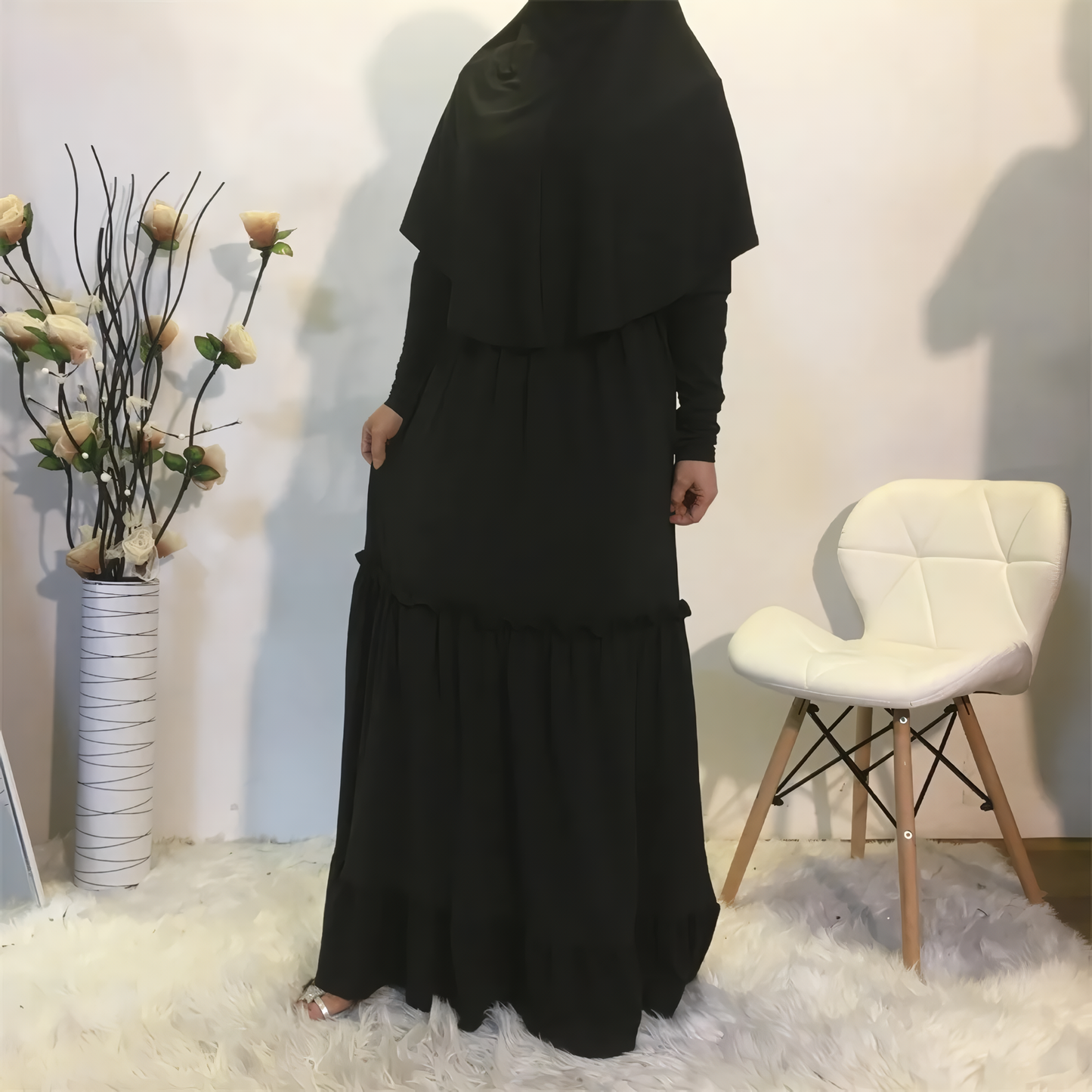 Fall Maxi Dress with Long Khimar, Turkish-Malaysian style, in solid milk silk