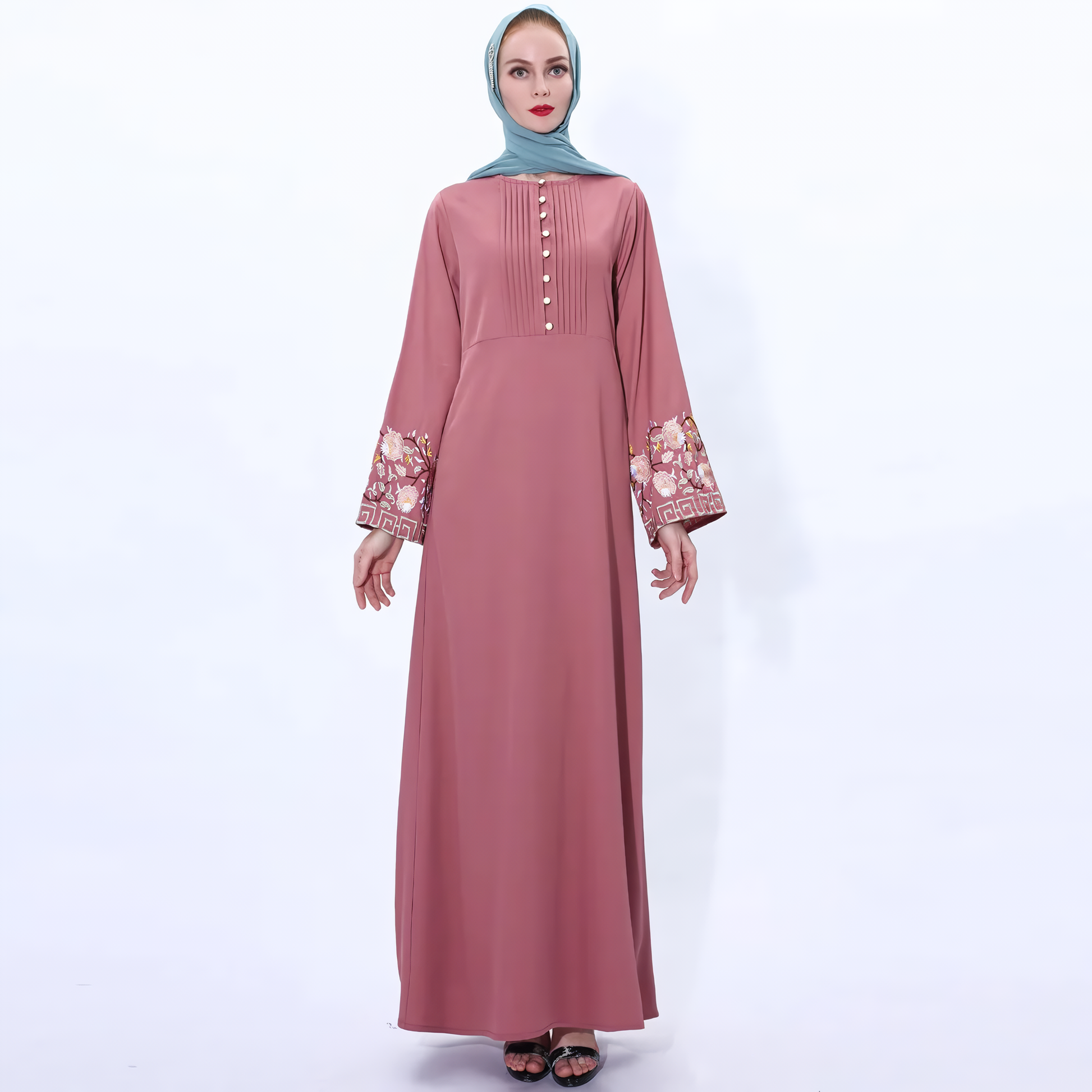 Alesyari Shop I Muslim Abaya Dress with Embroidered Flowers: Ramadan Kaftan, Islamic Turkish Kaftan, Muslim Abaya Kaftan