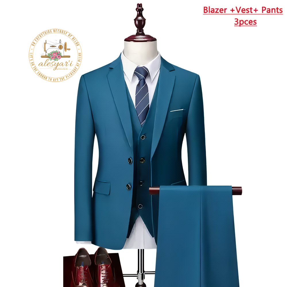 Alesyari Shop I High-End Three-Piece Suit - Impeccable Jacket, Vest, and Pants in a Refined Solid Color Design a Formal Business Menswear