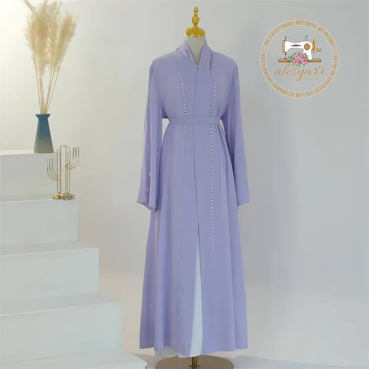 Alesyari Shop I Purple Majesty Luxurious Open-Front Muslim Abaya Kimono with Intricate Embellishments