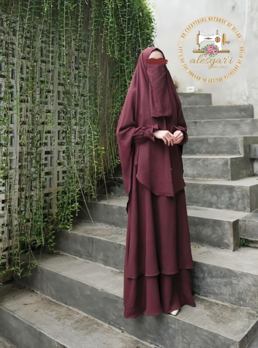 Alesyari Shop I Graceful Crinkle Fabric Abaya Set with Jumbo Khimar and Free Niqab