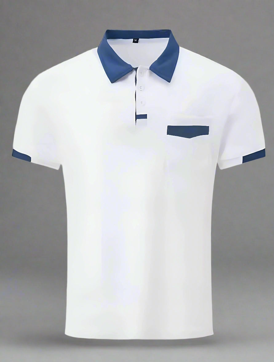 Men Summer Polo Shirt Color Block Patchwork Business Casual Short Sleeve Office High Street Fashion 