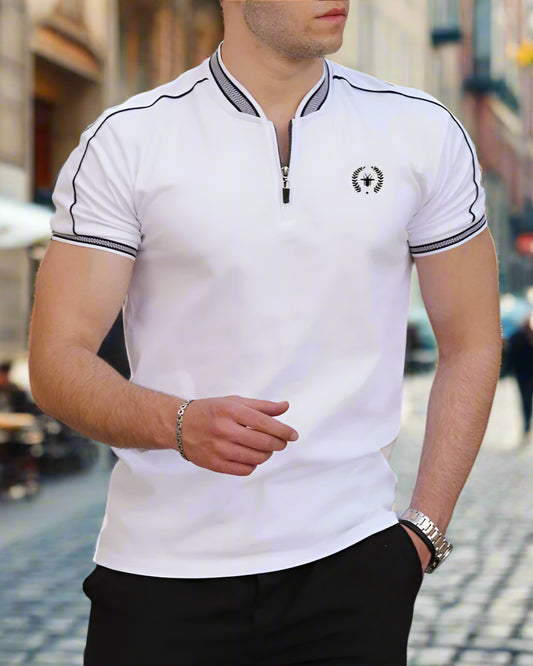 Men Summer Shirt Stand Neck Zipper Detail Casual Short Sleeve Tee Trendy Streetwear Daily Wear