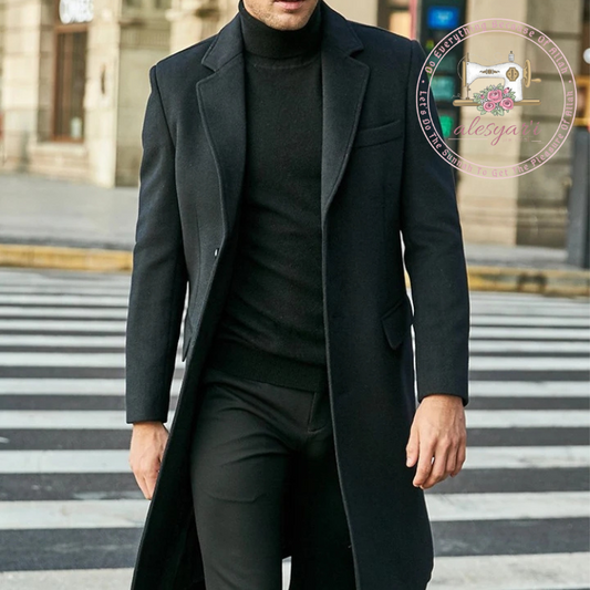 Men's Winter Woolen Coat from Alesyari: Elevate your style with our Single Breasted Slim Fit Long Overcoat, featuring a Solid Lapel Collar. Perfect for Autumn and Winter Streetwear