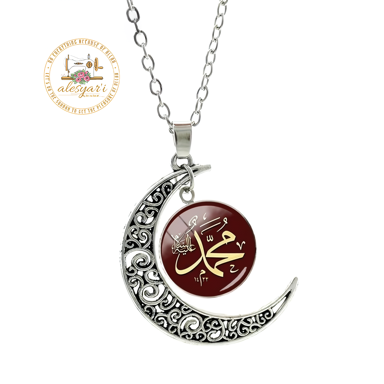 Alesyari Shop I Allah Crescent Moon Necklace: Fashionable Islamic Muslim Accessories for Men and Women