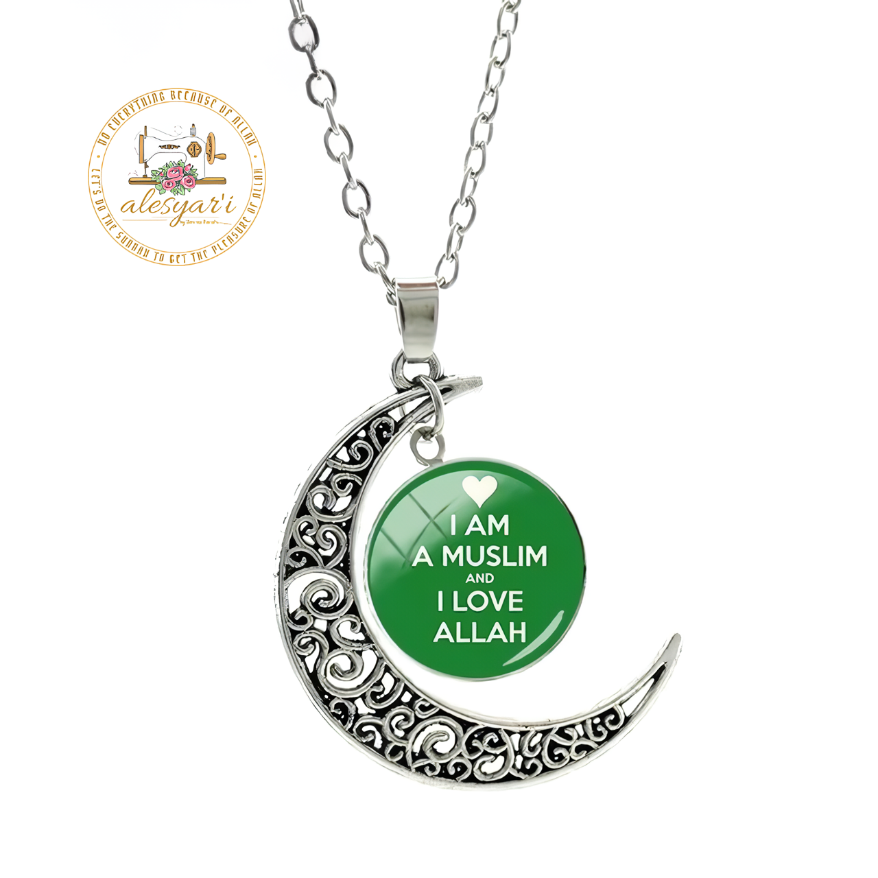 Alesyari Shop I Allah Crescent Moon Necklace: Fashionable Islamic Muslim Accessories for Men and Women