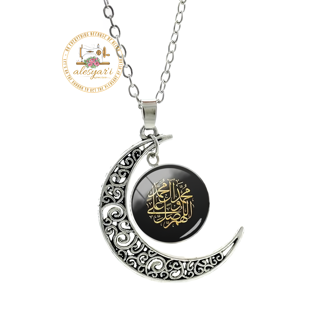 Alesyari Shop I Allah Crescent Moon Necklace: Fashionable Islamic Muslim Accessories for Men and Women