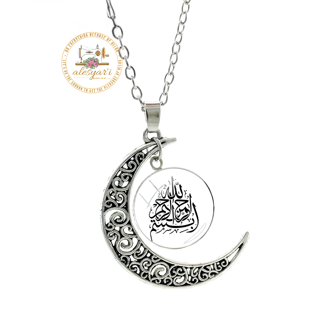 Alesyari Shop I Allah Crescent Moon Necklace: Fashionable Islamic Muslim Accessories for Men and Women