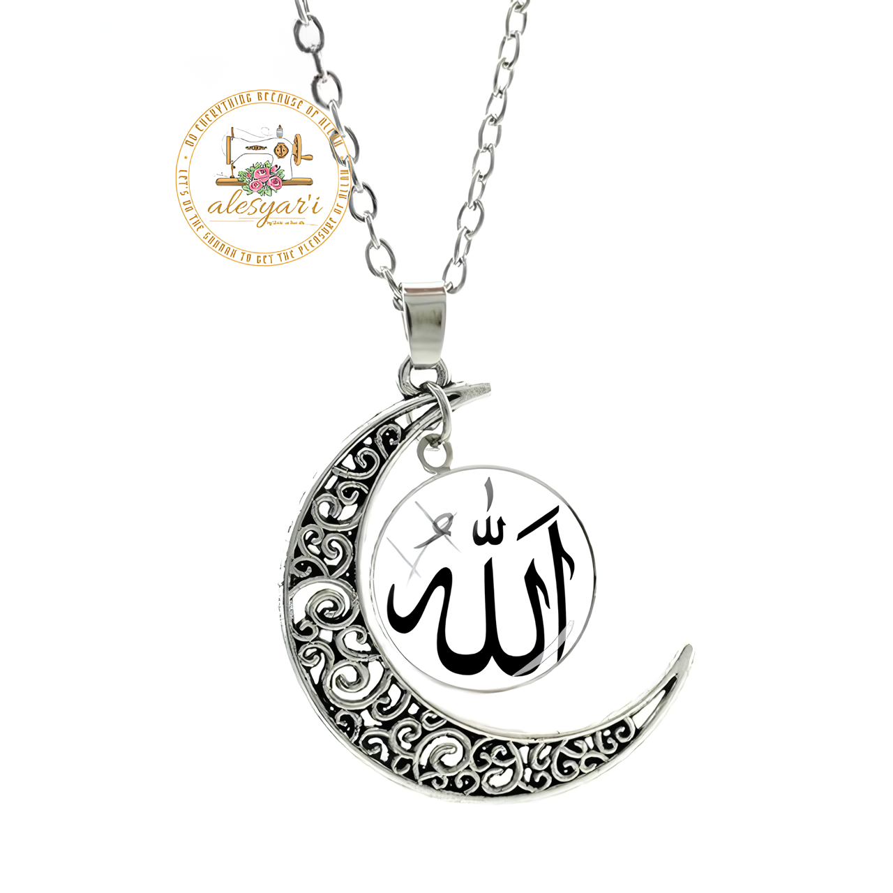 Alesyari Shop I Allah Crescent Moon Necklace: Fashionable Islamic Muslim Accessories for Men and Women