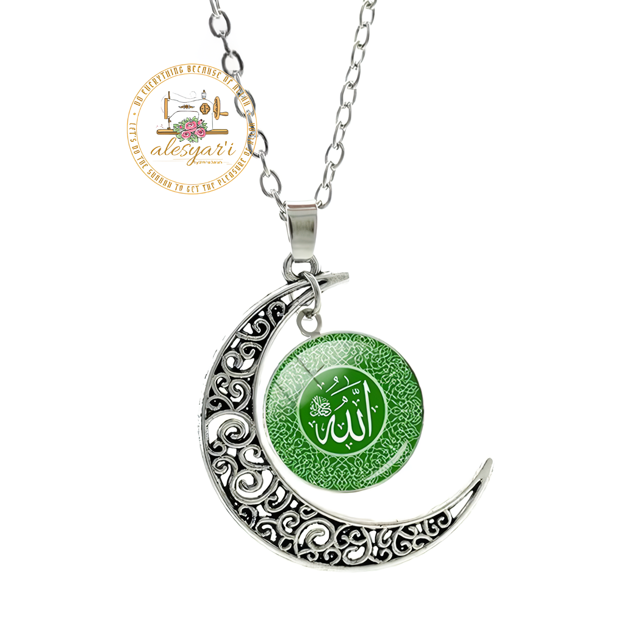 Alesyari Shop I Allah Crescent Moon Necklace: Fashionable Islamic Muslim Accessories for Men and Women