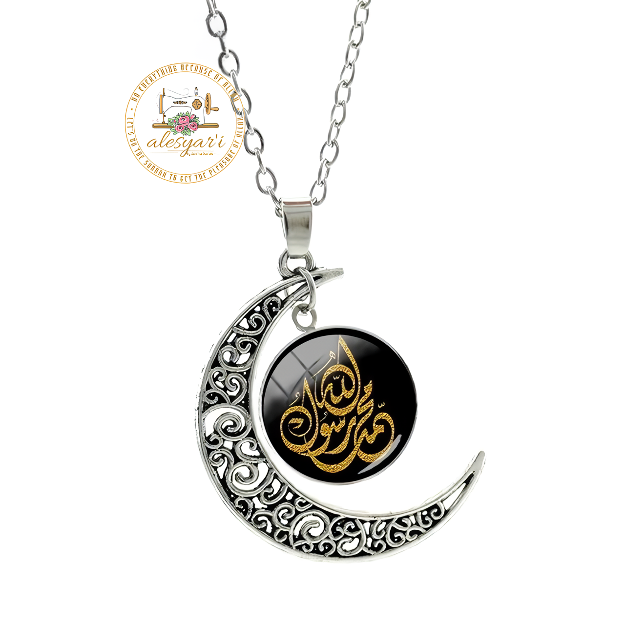 Alesyari Shop I Allah Crescent Moon Necklace: Fashionable Islamic Muslim Accessories for Men and Women