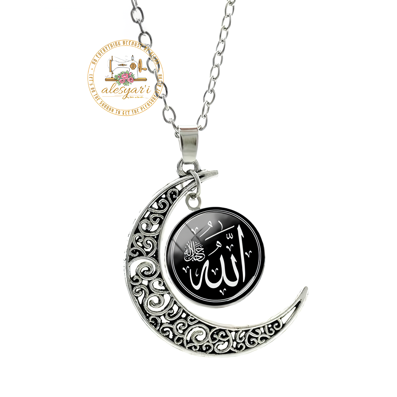 Alesyari Shop I Allah Crescent Moon Necklace: Fashionable Islamic Muslim Accessories for Men and Women