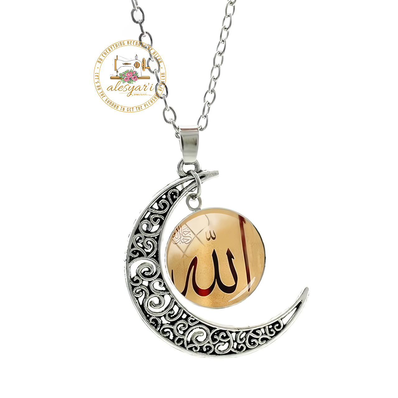 Alesyari Shop I Allah Crescent Moon Necklace: Fashionable Islamic Muslim Accessories for Men and Women