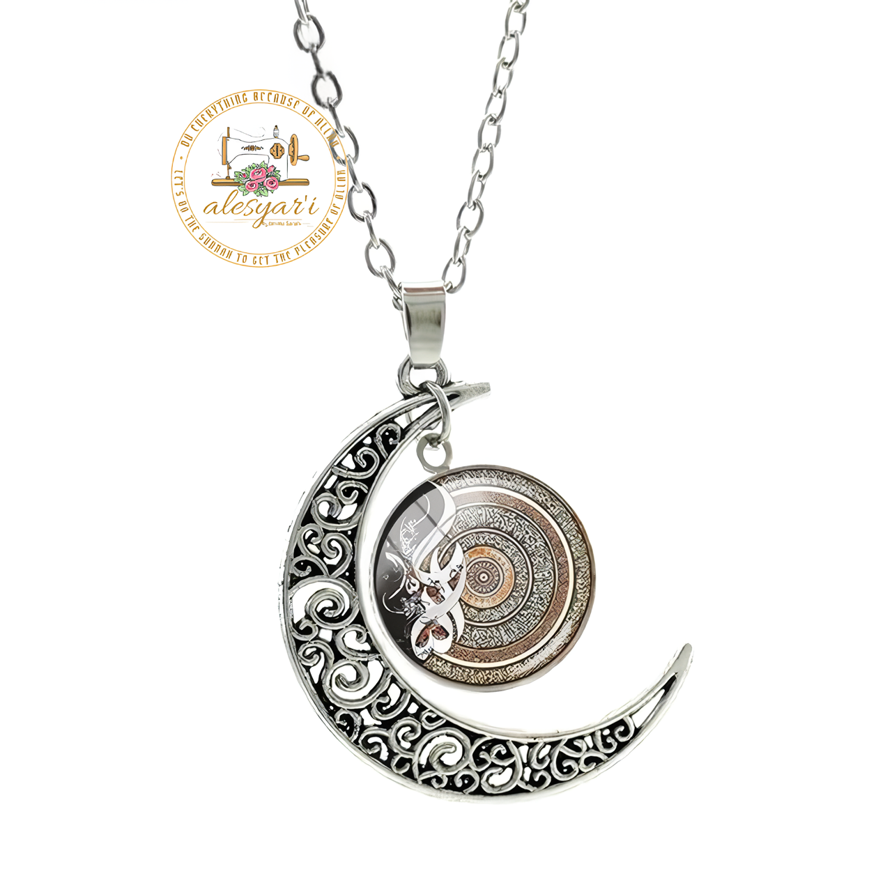 Alesyari Shop I Allah Crescent Moon Necklace: Fashionable Islamic Muslim Accessories for Men and Women