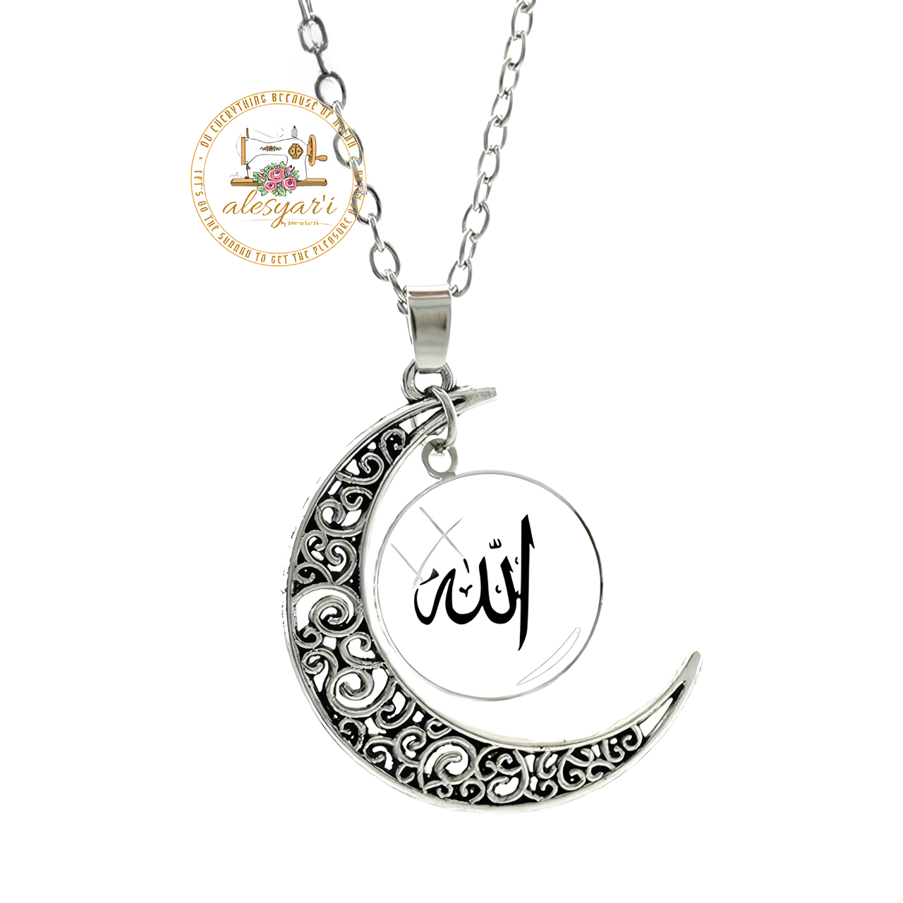 Alesyari Shop I Allah Crescent Moon Necklace: Fashionable Islamic Muslim Accessories for Men and Women