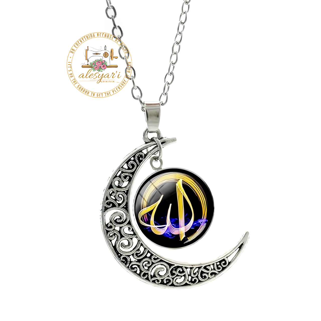 Alesyari Shop I Allah Crescent Moon Necklace: Fashionable Islamic Muslim Accessories for Men and Women