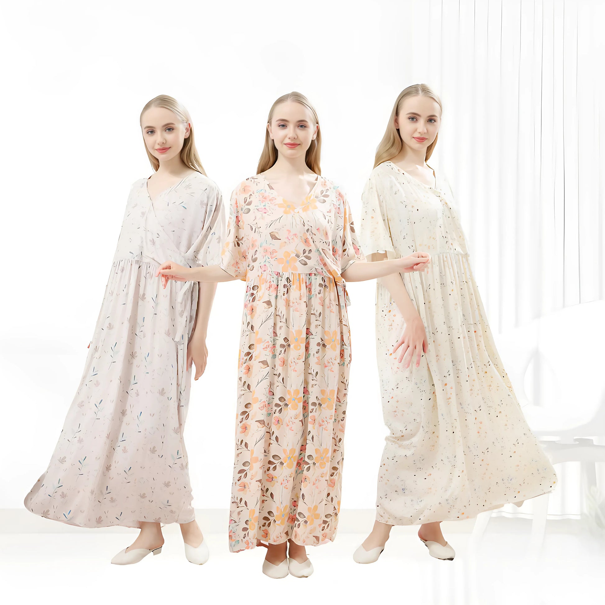 Premium Cotton Rayon Twill Floral Pajamas Dress for Women with V Neckline Adjustable Waist Soft Breathable and Comfortable