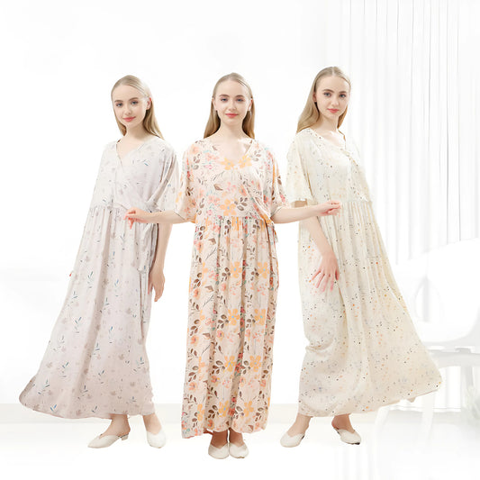 Premium Cotton Rayon Twill Floral Pajamas Dress for Women with V Neckline Adjustable Waist Soft Breathable and Comfortable
