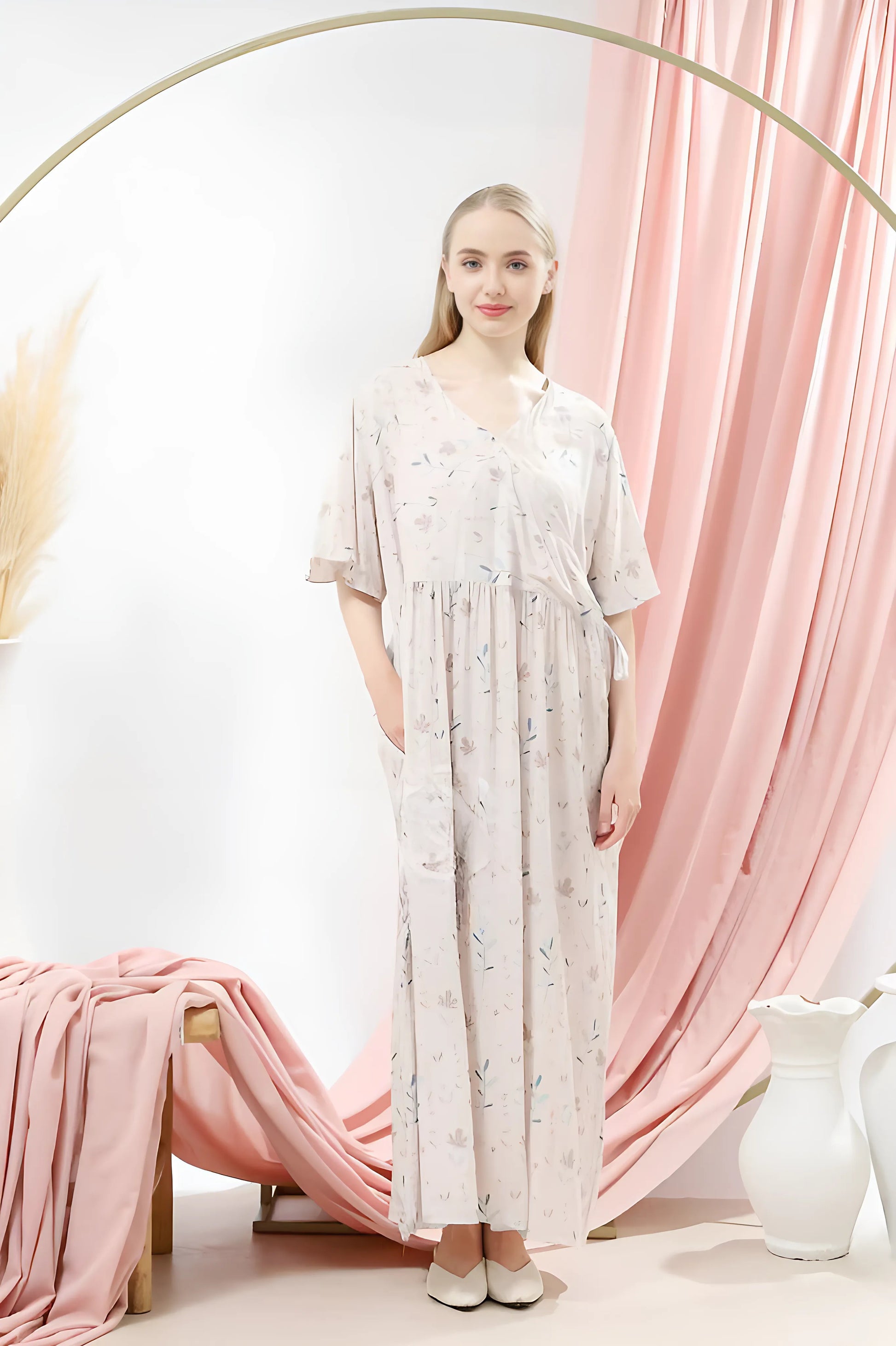 Premium Cotton Rayon Twill Floral Pajamas Dress for Women with V Neckline Adjustable Waist Soft Breathable and Comfortable 
