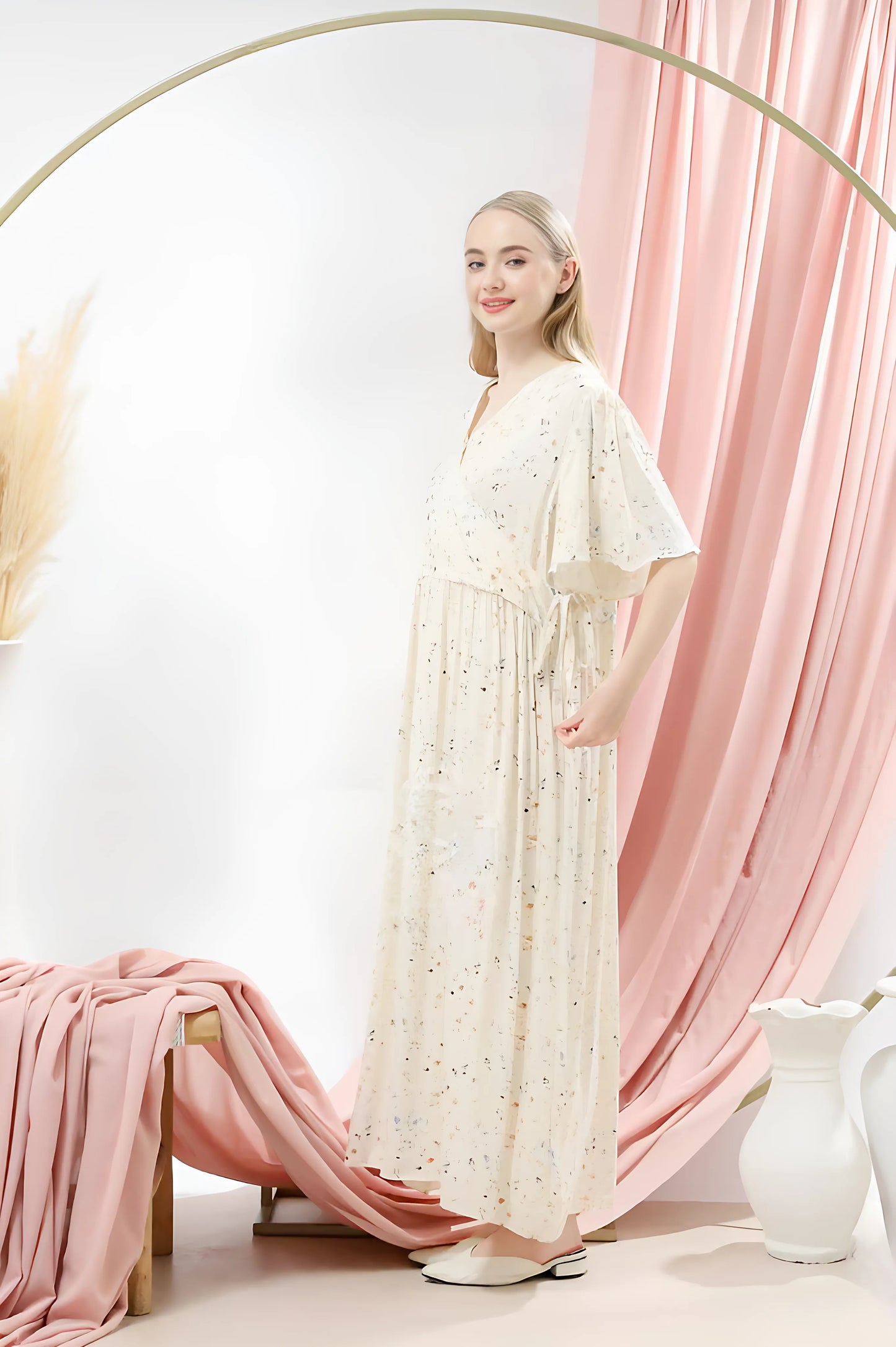 Premium Cotton Rayon Twill Floral Pajamas Dress for Women with V Neckline Adjustable Waist Soft Breathable and Comfortable 