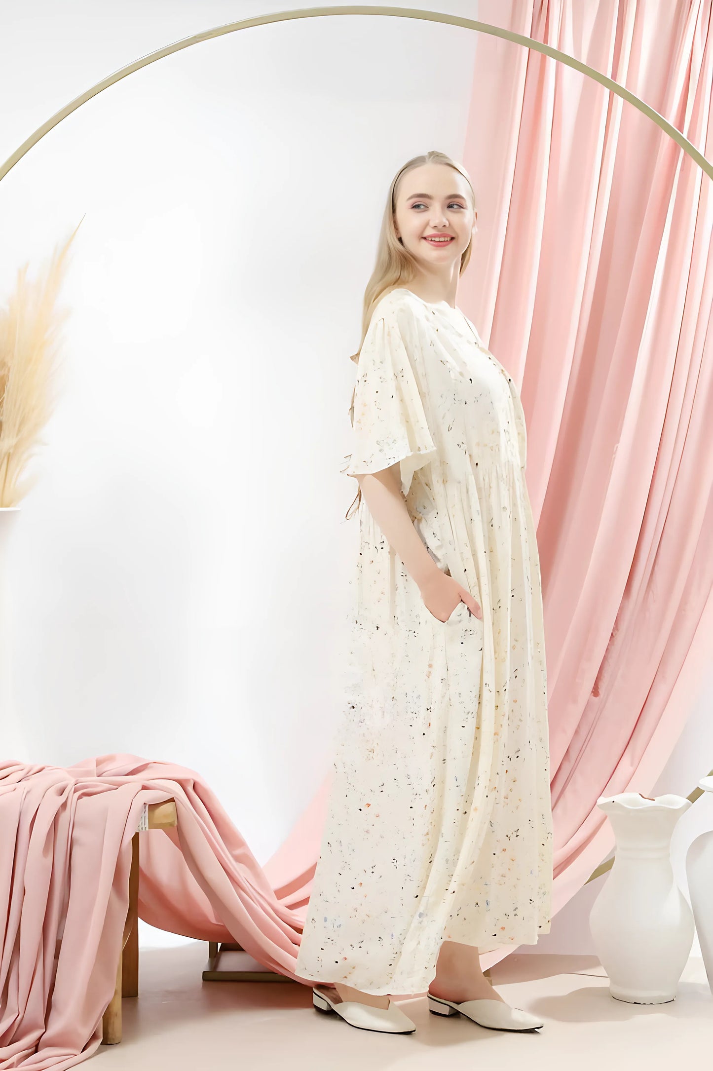 Premium Cotton Rayon Twill Floral Pajamas Dress for Women with V Neckline Adjustable Waist Soft Breathable and Comfortable 
